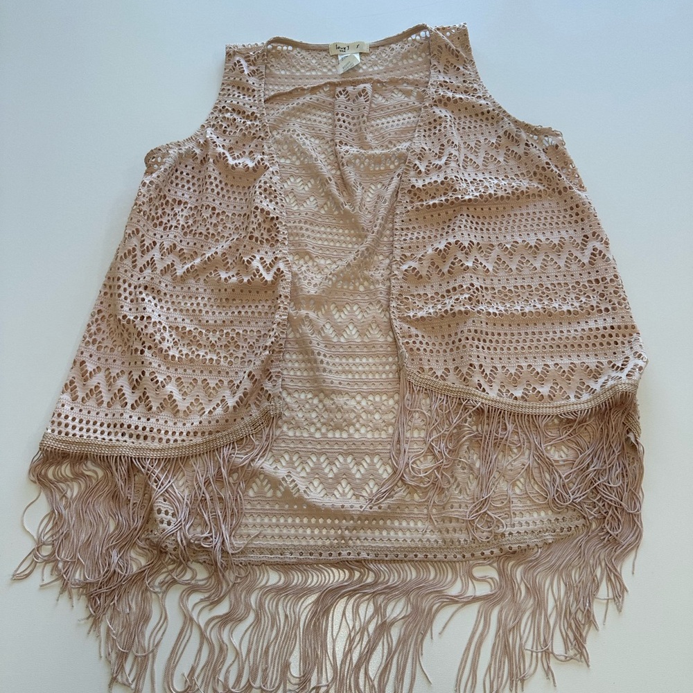 Love J Shaggy Fringe Open Front Vest Women's Size Small Knit Sweater Cardigan